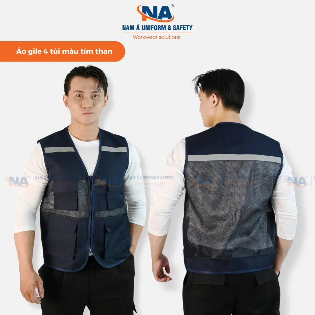 Áo ghi lê kỹ sư phản quang 4 túi hộp 06 màu tím than