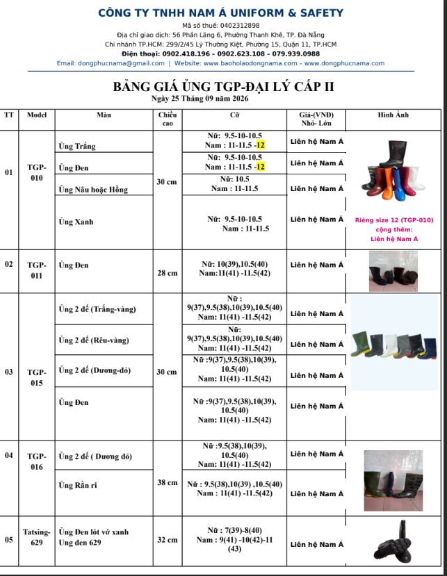 Bảng giá ủng TGP trang 1 – Nam Á Uniform & Safety